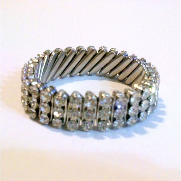 Vintage Silver Tone Prong Set Clear Rhinestone Expansion Bracelet - Picture 2 of 5